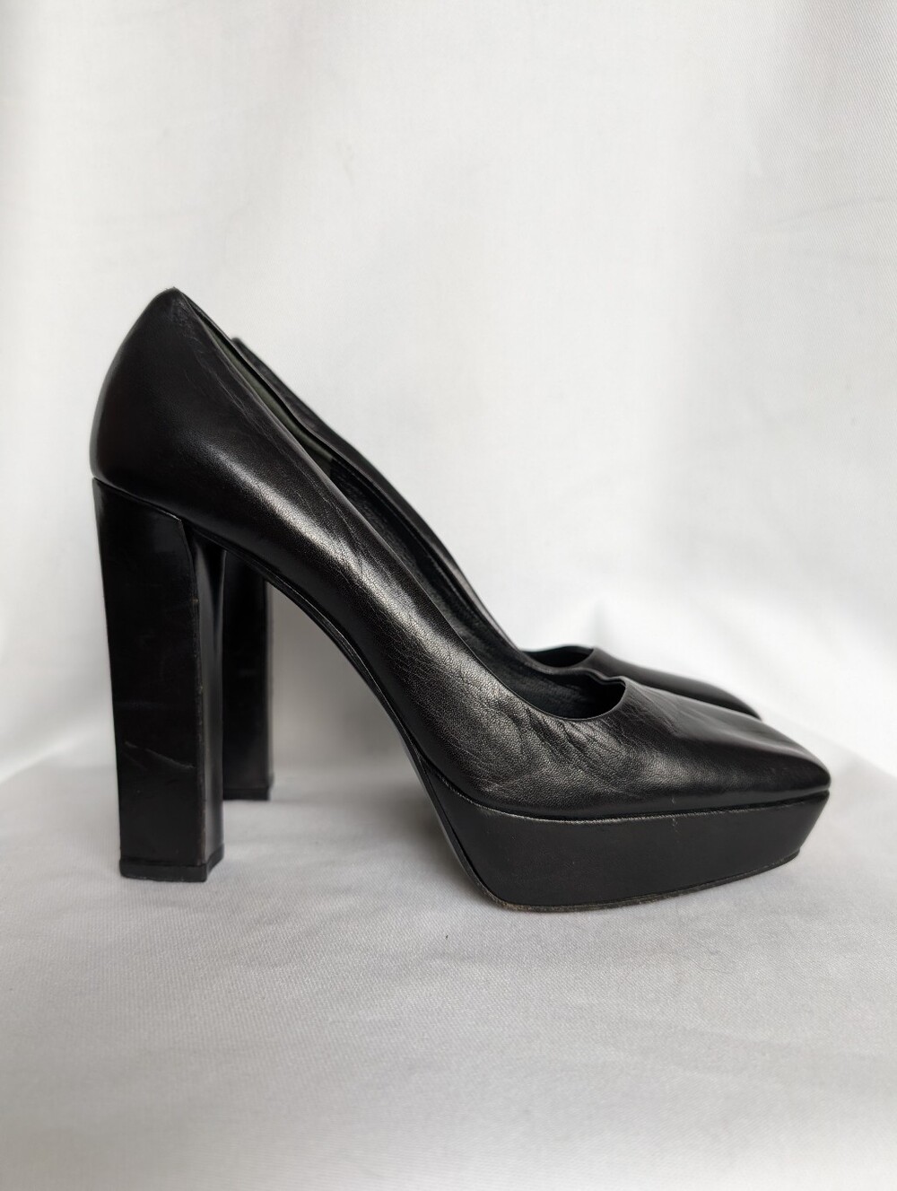 Prada Black Leather Platform Block Heel Pumps Square Toe Italy Women's EU 37.5